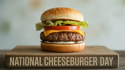 A classic cheeseburger with lettuce, tomato, and cheese on a wooden board celebrating National Cheeseburger Day