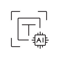 A vector icon of a document with a scanning frame and AI chip, representing OCR text recognition using AI, created in line style with editable stroke
