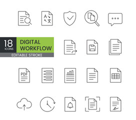 A set of vector icons representing digital workflow and office process optimization, created in line style with editable stroke