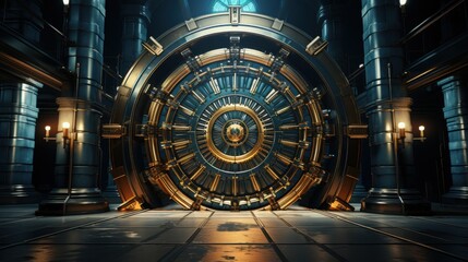 Obraz premium A large, circular vault door stands prominently in a modern, high-tech setting. The intricate design features glowing lines and metallic textures, creating a visually striking focal point.