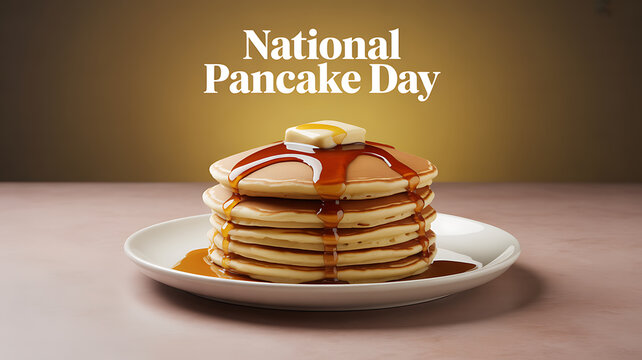 Stack of pancakes with syrup and butter on a plate, celebrating National Pancake Day - Powered by Adobe