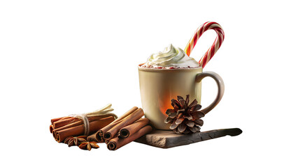 Hot chocolate with candy cane isolated on transparent background