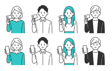 クレジットカードやスマホを持つ若い男女のセット【人物ベクターイラスト素材】