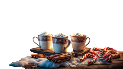 Three mugs of hot chocolate with whipped cream isolated on transparent background