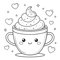 Cute cup of coffee with whipped cream and hearts isolated on transparent background