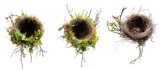 Three Bird Nests On Transparent Background Showing Natural Organic Texture And Detailed Structure With Green And Brown Foliage