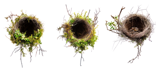 Three Bird Nests On Transparent Background Showing Natural Organic Texture And Detailed Structure With Green And Brown Foliage