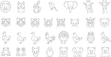 Animal silhouettes lion tiger elephant giraffe fox panda bird chicken duck owl