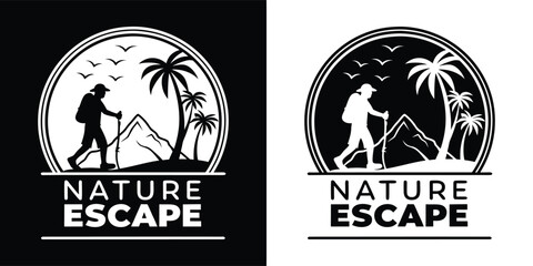 Fototapeta premium Circular badge featuring a silhouette of a hiker with a backpack and trekking poles, palm trees, and mountains, conveying a nature escape theme