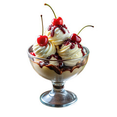 Ice cream sundae with cherries isolated on transparent background is delicious