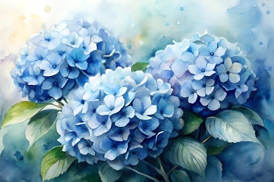 Watercolor painting of blue hydrangeas in full bloom with soft lighting