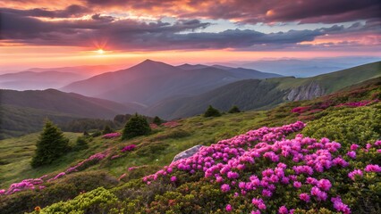 Obraz premium Majestic mountain landscape at sunset with blooming rhododendron flowers in the foreground, creating a vibrant and scenic view of the natural beauty