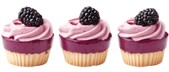 Three Cupcakes with Blackberry Topping on Transparent Background Isolated Close Up Shot