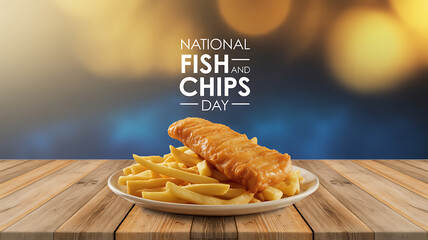 A plate of fish and chips on a wooden table celebrating National Fish and Chips Day