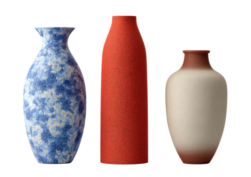 Three ceramic vases in varying colors