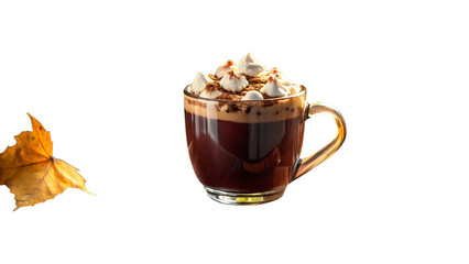 Hot chocolate with marshmallows isolated on transparent background and autumn leaf