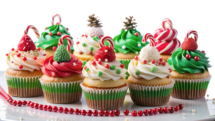 Delicious christmas cupcakes isolated on transparent background with festive decorations