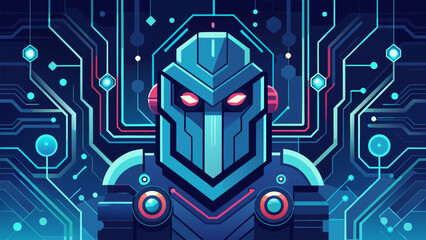 Abstract Cybernetic Robot Head Illustration. Electronic Circuitry System Connection. Future Artificial Intelligence. Machine Automation, Futuristic Neon Technology Design.