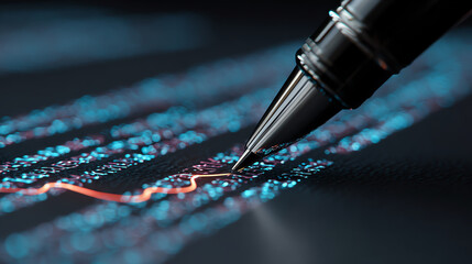 Sleek pen glides over digital screen displaying data lines, symbolizing joint venture deal