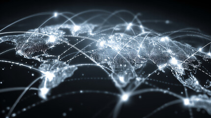 Digital world map with connections representing joint venture deal negotiation process