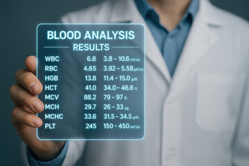 Blood analysis results displayed on medical hologram held by healthcare professional showing detailed blood count values for diagnosis and treatment in clinical setting