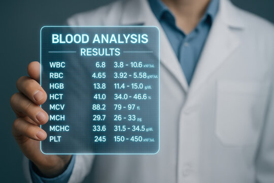 Blood analysis results displayed on medical hologram held by healthcare professional showing detailed blood count values for diagnosis and treatment in clinical setting