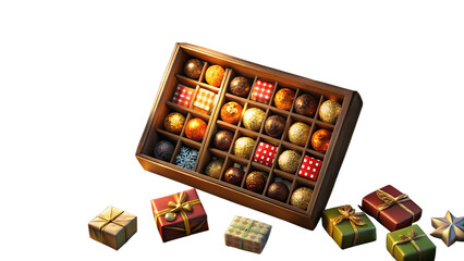 An assortment of chocolates and wrapped gifts isolated on transparent background