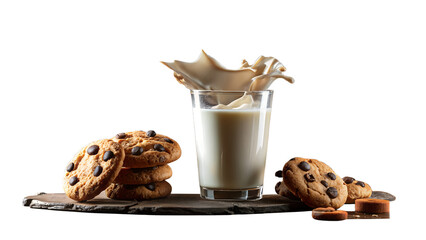 A glass of milk with chocolate chip cookies isolated on transparent background