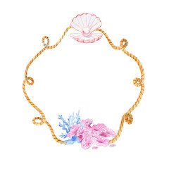 Vintage Nautical Frame of Rope and Beautiful Coral. Watercolor border for card, and invitation. 