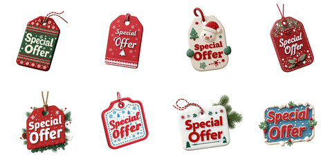 Special price tag offer png isolated set in 3d transparent using for Christmas big sale decoration.