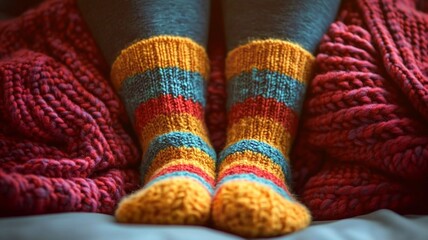 Fototapeta premium Colorful Knitted Striped Socks with Red Blanket, Cozy Winter Home Comfort Element for Holiday Promotion and Lifestyle Poster