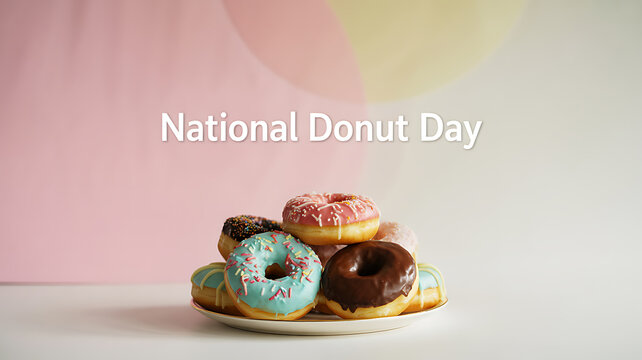 A plate of assorted colorful donuts displayed for National Donut Day against a pastel background - Powered by Adobe