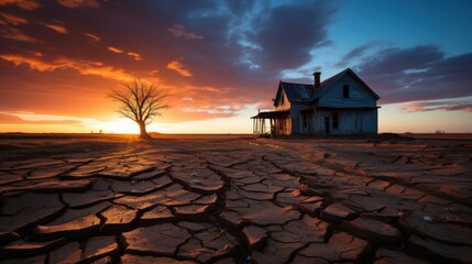 An old, dilapidated house stands alone in a parched landscape, cracked earth stretching far and wide as a colorful sunset casts warm hues across the sky.