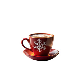Red cup of hot chocolate with snowflake isolated on transparent background