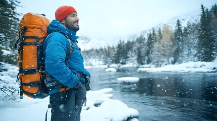 Enjoying a winter hike by the river while snow falls in the mountains of a serene landscape