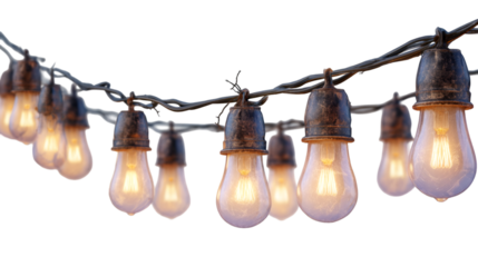 String lights casting a warm glow, perfect for adding a cozy and inviting ambiance to any space, rustic charm and soft illumination for special occasions isolated on transparent white background