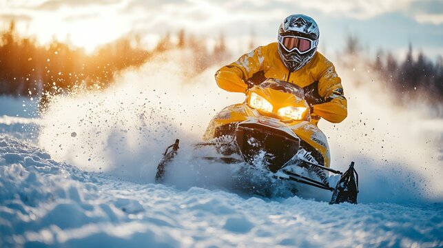 Snowmobiler speeds through snowy landscape at sunset in a winter wonderland adventure