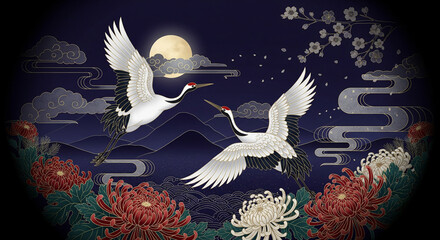 Japanese Crane Night Moon PNG - Chrysanthemum Flying Birds Transparent Vector Art