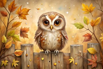 Cute owl sitting on a wooden fence surrounded by autumn leaves