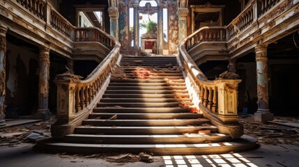 Sunlight streams through large windows, casting light on an ornate staircase covered with leaves and debris, highlighting the beauty of decay in a once-grand hall.
