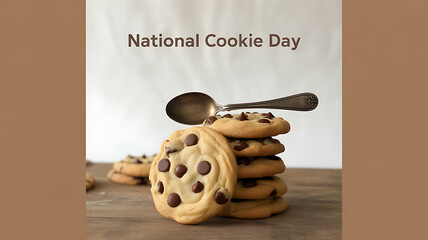 Stack of chocolate chip cookies with a spoon on top, celebrating National Cookie Day