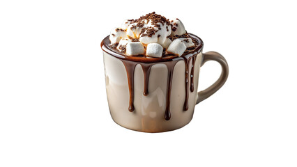 Mug of hot chocolate with marshmallows and chocolate sprinkles isolated on transparent background