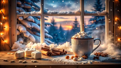 Cozy winter scene with hot chocolate by the window on a snowy day