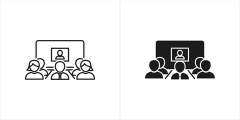 Online conference icon in line and glyph style