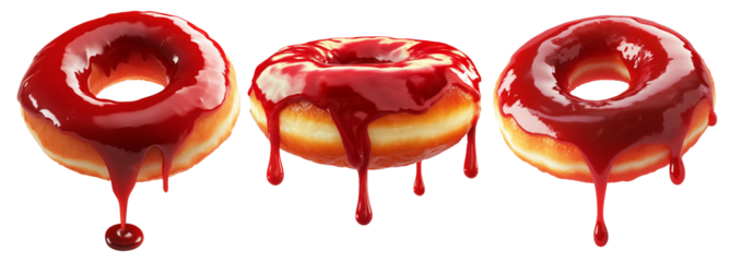 Tasty donut with glossy red glaze dripping down, isolated on white transparent background. Concept of sweet dessert