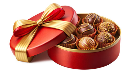 Delicious chocolate truffles in a red gift box with a golden ribbon isolated on transparent background