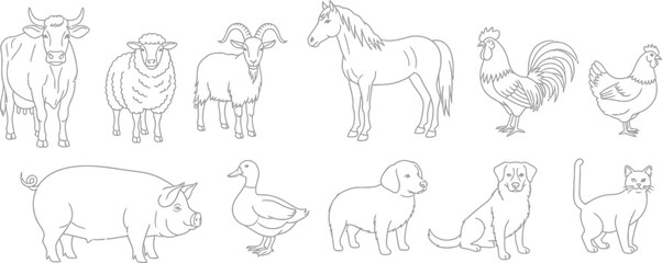 Fototapeta premium Farm animals livestock cow sheep goat horse rooster hen pig duck dog cat line