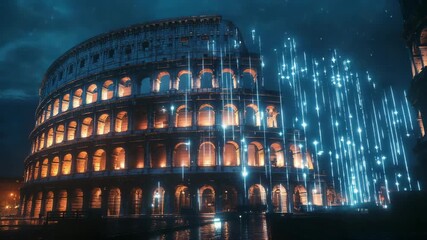 A futuristic vision of the ancient Roman Colosseum illuminated by neon blue light combines history, architecture, and technology, symbolizing the harmony between the past and the digital age of art - Powered by Adobe