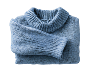Folded blue knitted sweater isolated on transparent background, cozy wool pullover, warm winter fashion apparel, stylish clothing design template for branding and e-commerce