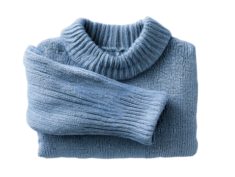 Folded blue knitted sweater isolated on transparent background, cozy wool pullover, warm winter fashion apparel, stylish clothing design template for branding and e-commerce